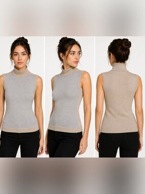 Narciso Rodriguez Wool Sleeveless Mock Neck Sweater Beige Gray Made in Italy US